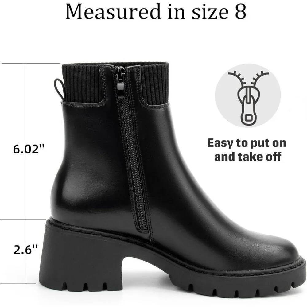 Women's Black Platform Chelsea Boots Lug Sole Chunky Heel Zipper Slip On